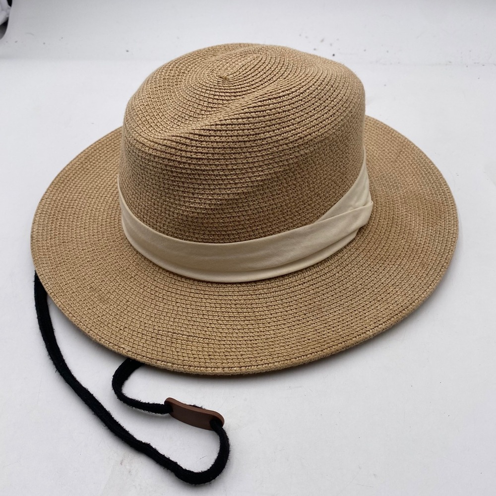 FURTALK Straw Sun Hat Fedora Women M/L Tan Wide Brim Chin Strap Beach Summer SEO
